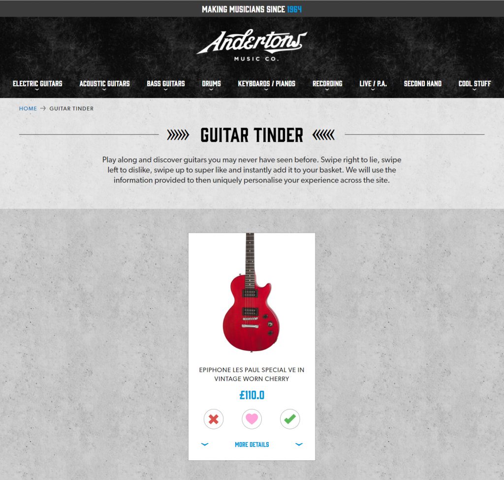 Screenshot of a user interface like the app 'Tinder' but with guitars instead of people.