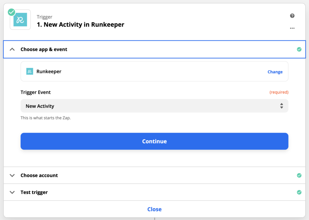 An image of Zapier showing the first step of setting up a Runkeeper integration