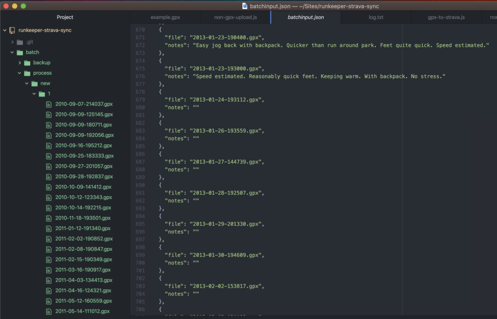 Screenshot of a text editor showing how I batch processed historical GPX data.