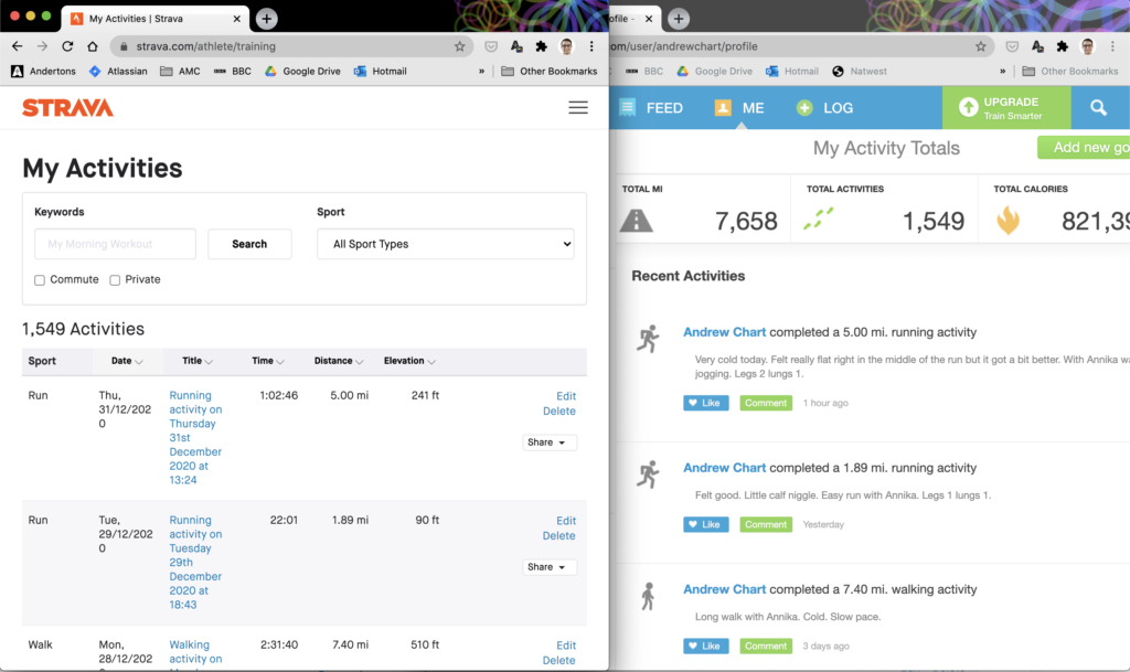 Screenshot showing a Runkeeper and Strava account, side by side, fully synced up.