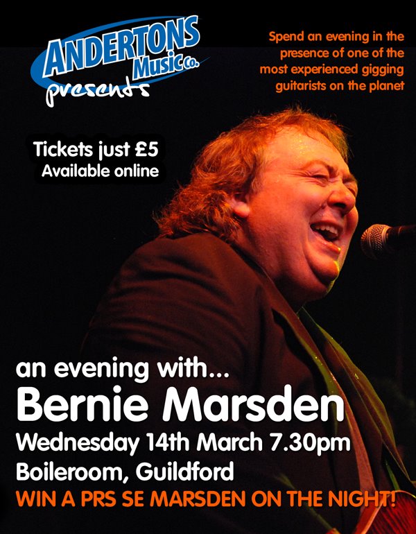 A promotional post from Andertons Music promoting an evening with the Guitarist Bernie Marsden on 14th March 2012 at the Boileroom in Guildford