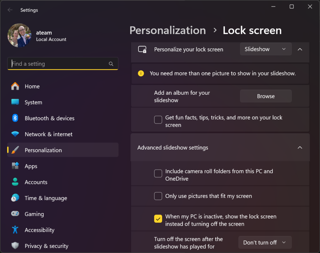 Screenshot of the native windows lock screen personalisation settings. The option to show the lock screen when the PC is idle is ticked.