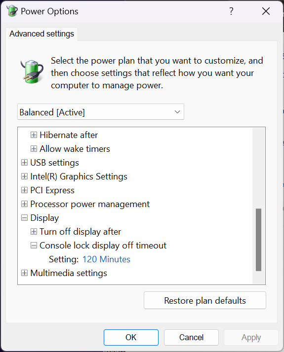 Screenshot showing windows power settings. A setting called Console lock display off timeoutout is set to 120 minutes.
