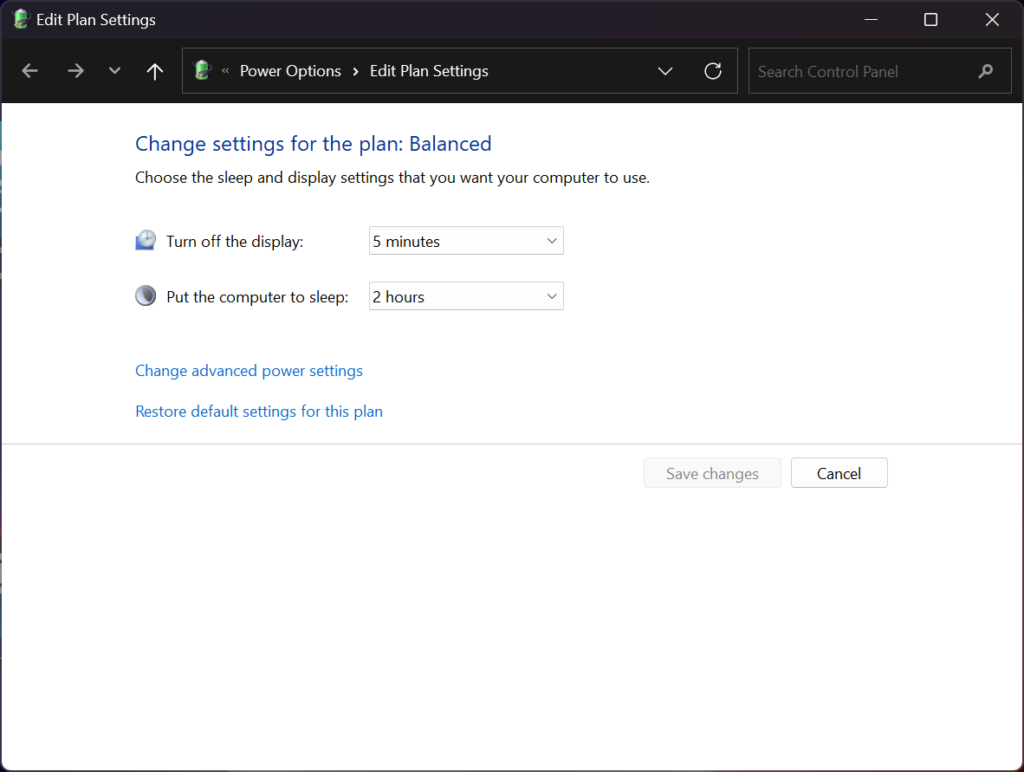 Windows power settings showing that the display off timeout is 5 minutes and the computer will sleep after two hours.