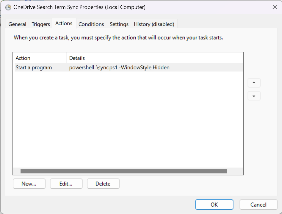 Screenshot of the Windows task scheduler set up to run the OneDrive sync script at user logon.