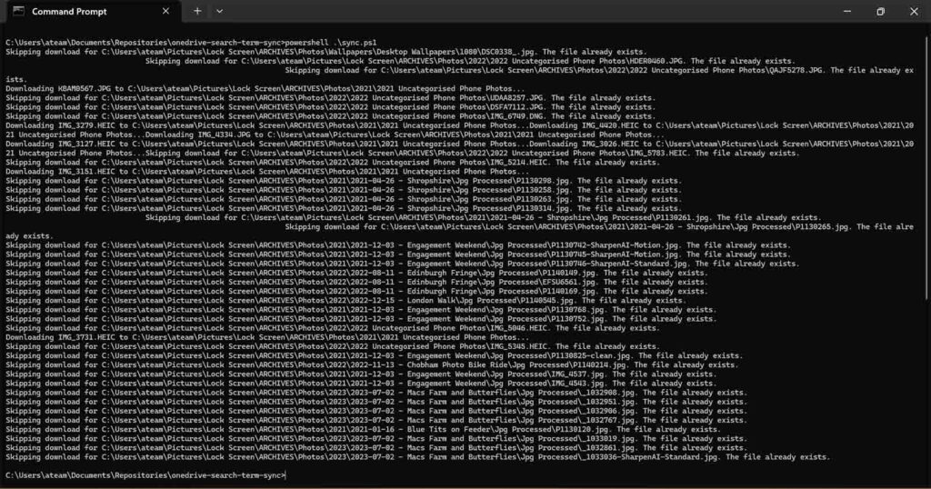 Screenshot of a black and white windows cmd terminal showing example output for the onedrive search term sync script.