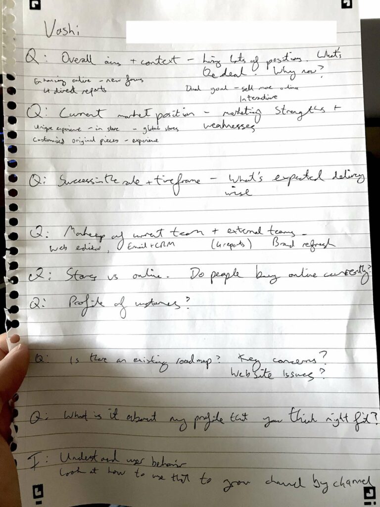 Photo of a page of handwritten notes from a job interview